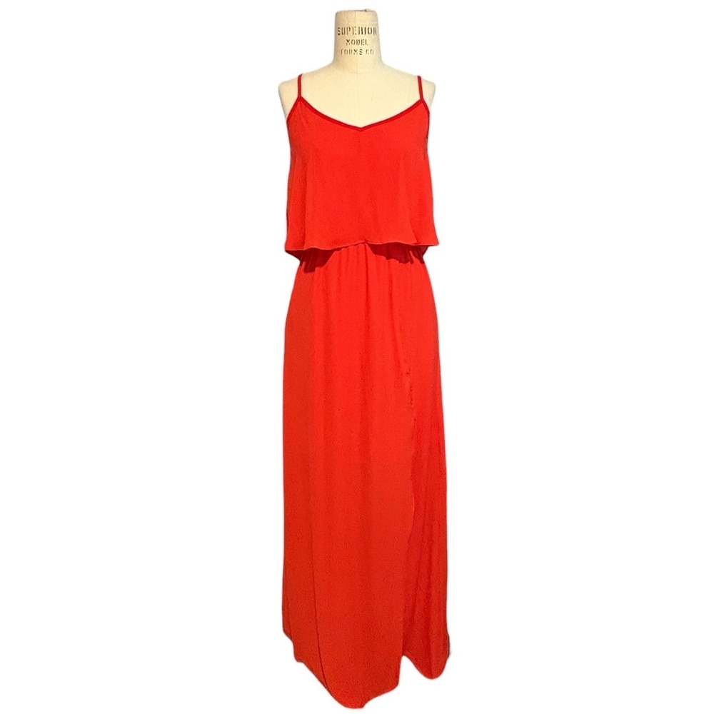 Red Strappy Crisscross Back Top Maxi‎ Dress Slit Chiffon Resort  Wedding Size S